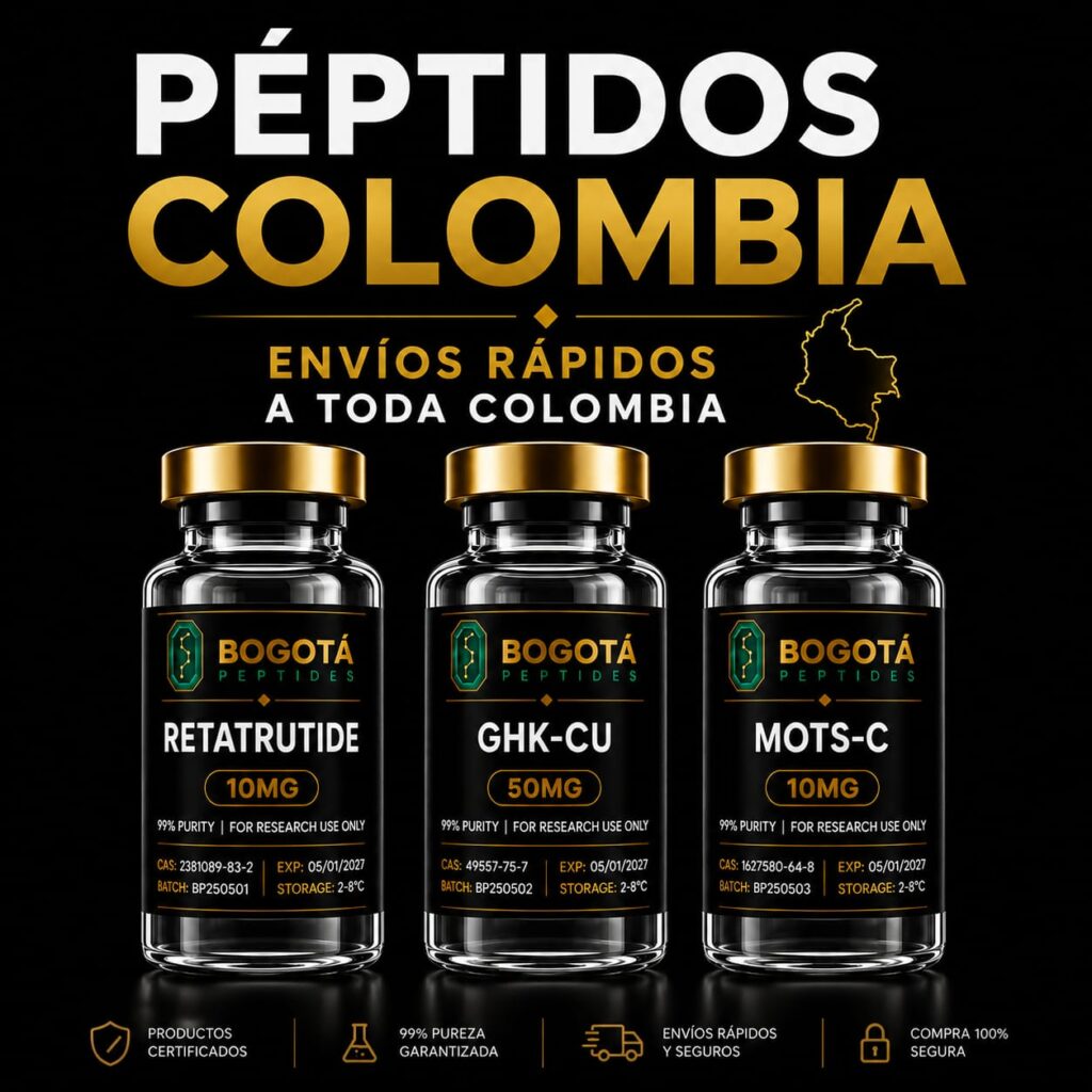 Péptidos Colombia con envíos rápidos a toda Colombia. Retatrutide 10mg, GHK-CU 50mg y MOTS-C 10mg disponibles con entrega nacional.